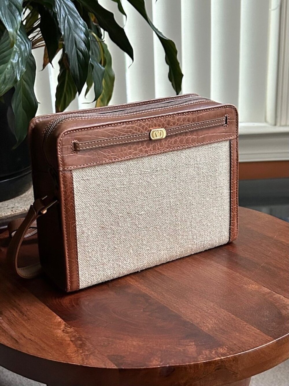 VALENTINO GARAVANI Linen Calfskin Shoulder Bag Saddle Brown Natural